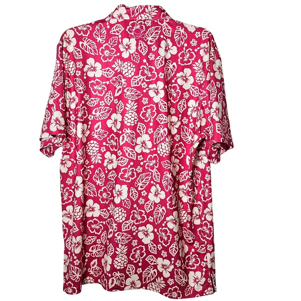 Tattoo Golf Performance Aloha Collection Pink Tropical Skull Polo Shirt Mens M
